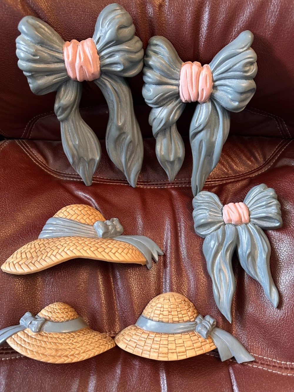 Homco Blue and Pink Bow and Straw Hat Wall Decor Set, Set of 6 Grandma Core
